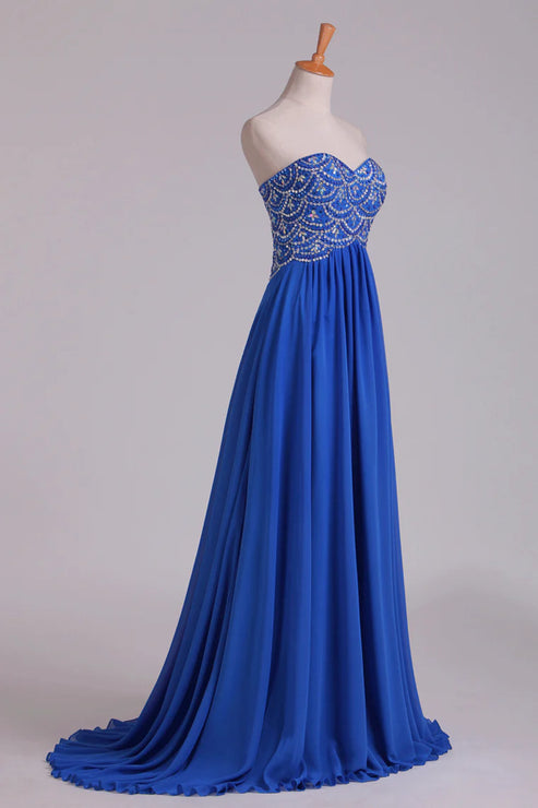 Luolandi Royal Blue Sweetheart Party Dresses A Line With Beaded Bodice Chiffon Off Shoulder