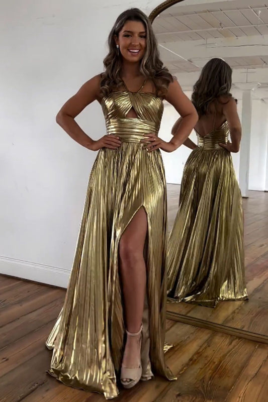 Stylish Gold A-Line Halter Neck Long Prom Dress