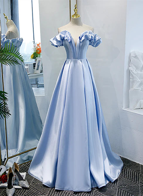 Luolandi Light Blue Satin A-line Off Shoulder Long Formal Dress Evening Dress Prom Dress Elegant