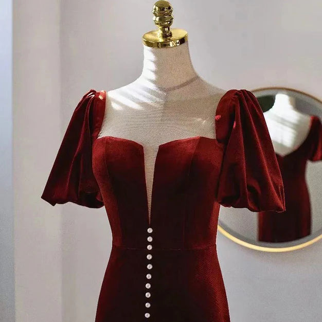 Luolandi Wine Red Velvet Long Round Neckline Party Dress Prom Dresses Short Sleeves Elegant Evening Dress