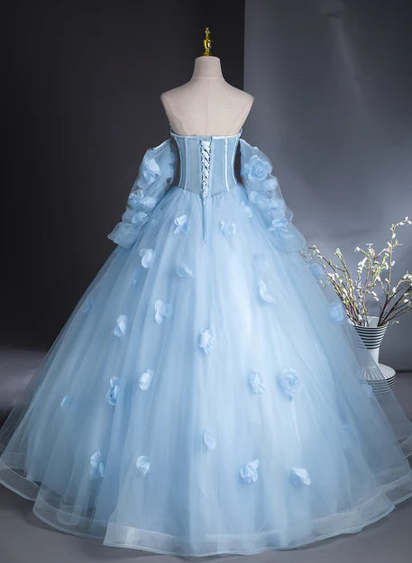 Luolandi Light Blue Flowers and Tulle Puffy Sleeves Prom Dress Sweet 16 Dress Off Shoulder Floor Length