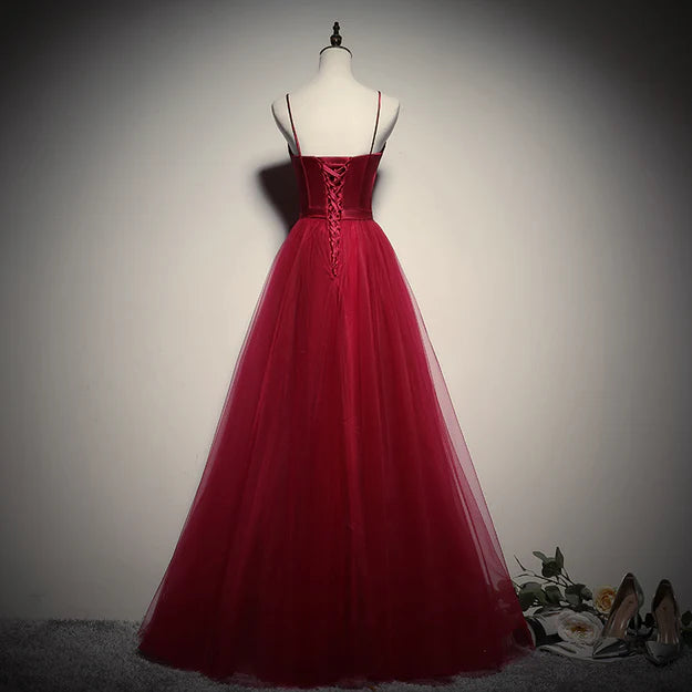 Luolandi Gorgeous Dark Red Straps Tulle Long Party Dress A-line Formal Dress Prom Dress Elegant