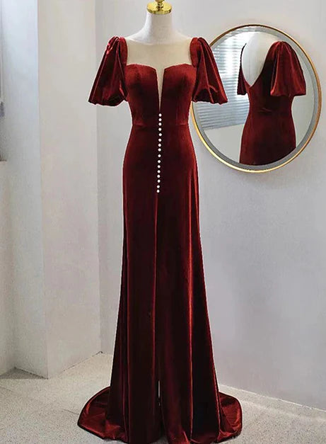 Luolandi Wine Red Velvet Long Round Neckline Party Dress Prom Dresses Short Sleeves Elegant Evening Dress