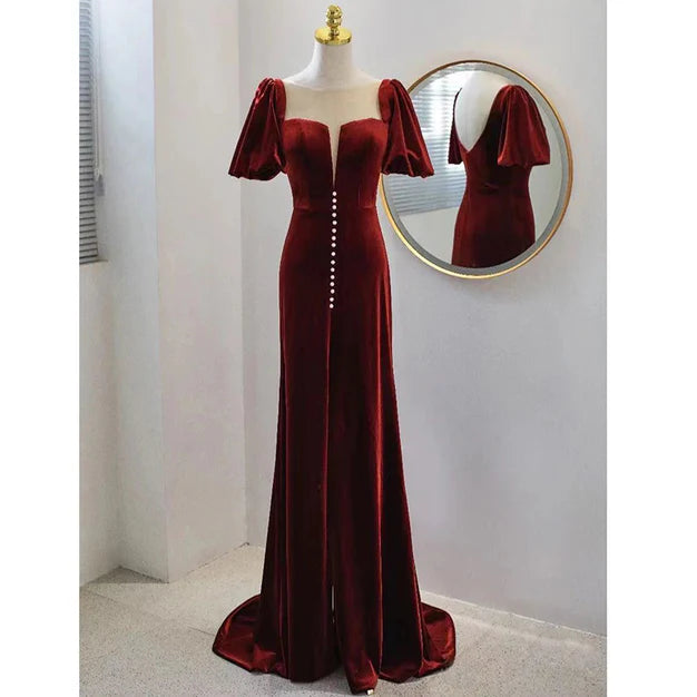 Luolandi Wine Red Velvet Long Round Neckline Party Dress Prom Dresses Short Sleeves Elegant Evening Dress