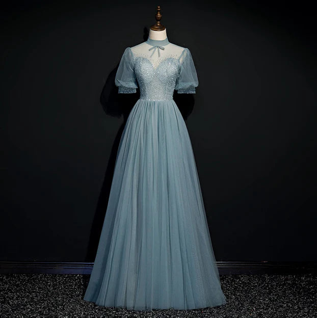 Luolandi High Quality Beaded Short Sleeves Formal Dress Tulle A-line Party Dress Prom Dress Charming Evening Dress