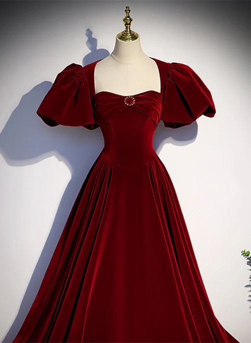 Luolandi Wine Red Velvet Puffy Sleeves Long Party Dress Prom Dress Elegant Evening Dress december wedding guest dress