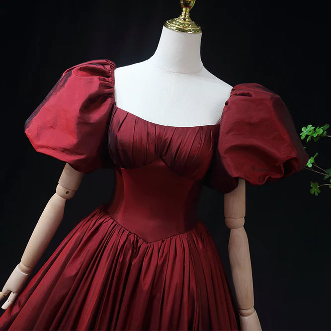 Luolandi Wine Red Taffeta Short Sleeves Long Prom Dress Evening Dress Formal Dress Elegant