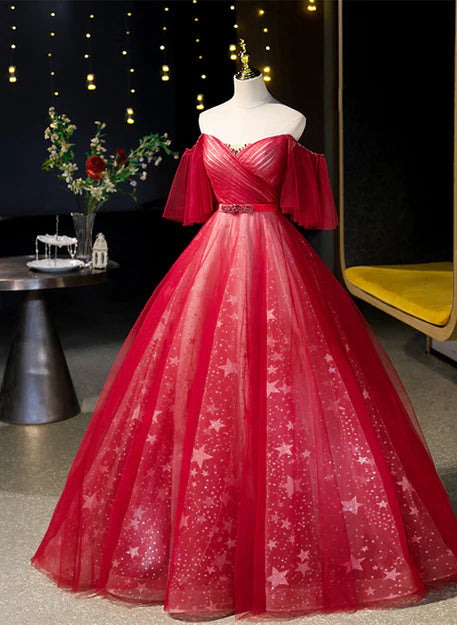 Luolandi Red Off Shoulder Tulle Sweetheart Party Dress Ball Gown Sweet 16 Dress Prom Dress