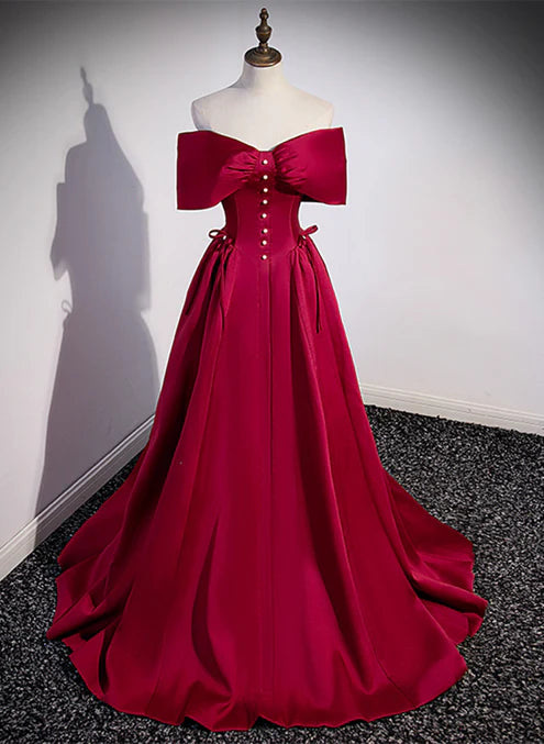 Luolandi Wine Red Satin Sweetheart Long Evening Dress Satin Prom Dress A Line Off Shoulder Formal Dress