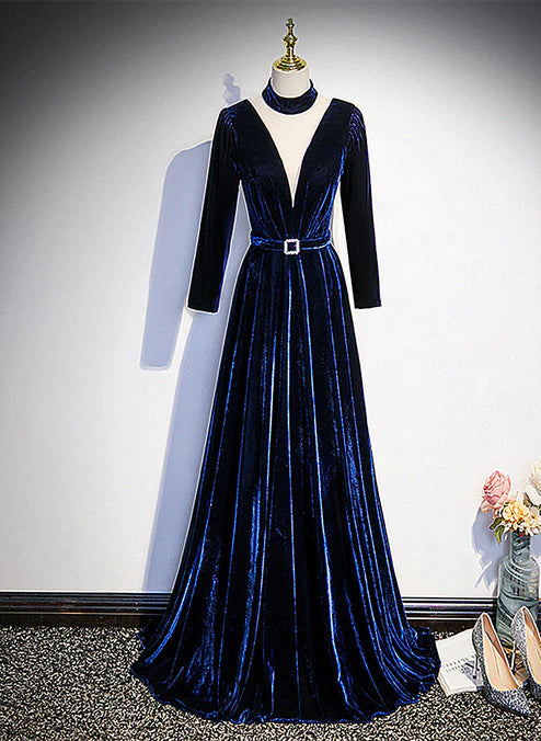 Luolandi Blue Velvet Long Sleeves Floor Length Wedding Party Dress Formal Gown Elegant Evening Dress