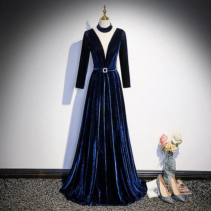 Luolandi Blue Velvet Long Sleeves Floor Length Wedding Party Dress Formal Gown Elegant Evening Dress