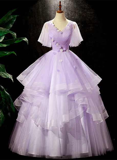 Luolandi Lavender Tulle V-neckline Sweet 16 Dress with Flowers Formal Dress Prom Dress Beautiful