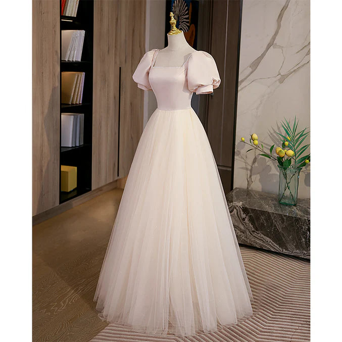 Luolandi Light Champagne Tulle with Light Pink Satin Prom Dress A-line Long Formal Dress Short Sleeves