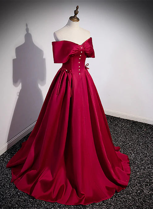 Luolandi Wine Red Satin Sweetheart Long Evening Dress Satin Prom Dress A Line Off Shoulder Formal Dress