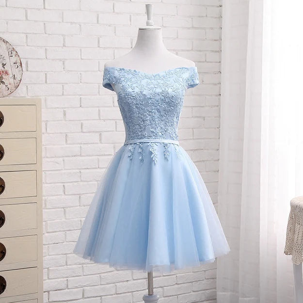 Luolandi Beautiful Light Blue Off Shoulder Tulle Party Dress Homecoming Dress with Appliques