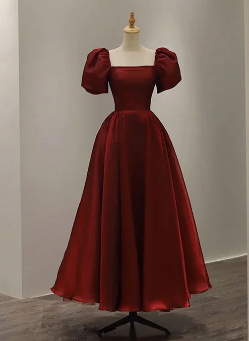 Luolandi Wine Red Short Sleeves Tea Length Wedding Party Dress Prom Dress Elegant Evening Dress