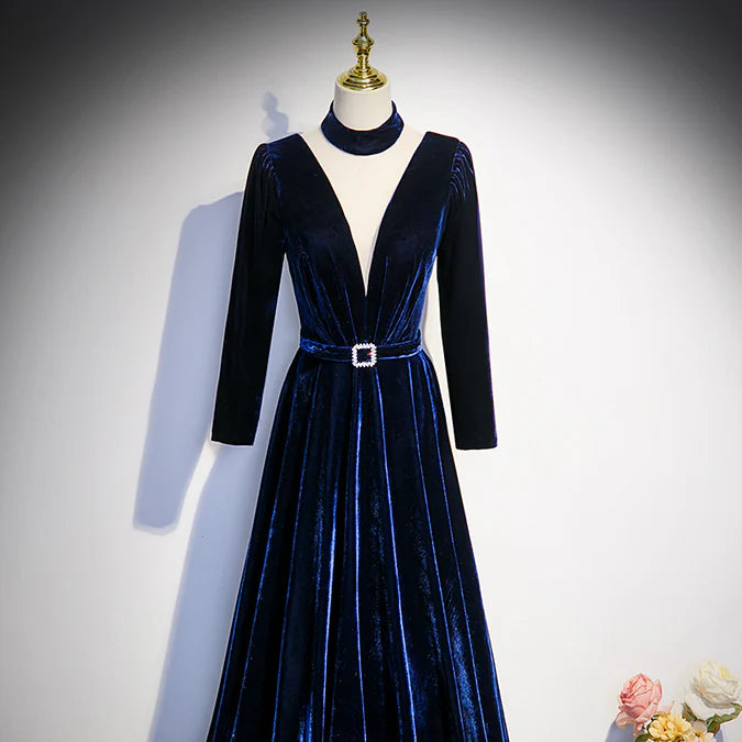 Luolandi Blue Velvet Long Sleeves Floor Length Wedding Party Dress Formal Gown Elegant Evening Dress