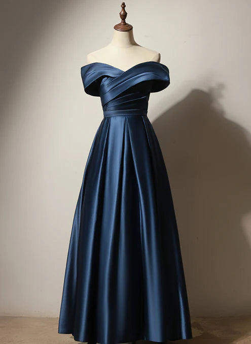 Luolandi A-line Navy Blue Satin Long Party Dress Prom Dress Elegant Evening Dress Formal Dress