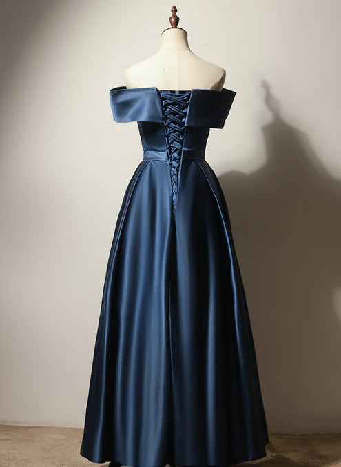Luolandi A-line Navy Blue Satin Long Party Dress Prom Dress Elegant Evening Dress Formal Dress