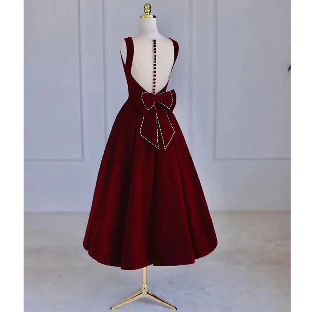 Luolandi Wine Red Tea Length Velvet Party Dress with Bow Burgundy Wedding Party Dress Evening Dress