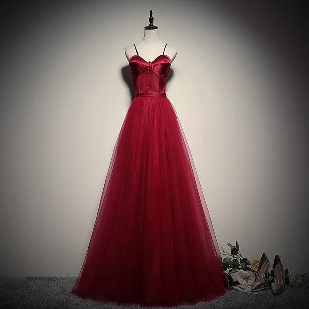 Luolandi Gorgeous Dark Red Straps Tulle Long Party Dress A-line Formal Dress Prom Dress Elegant