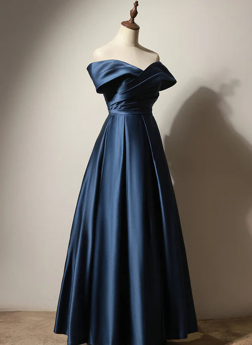 Luolandi A-line Navy Blue Satin Long Party Dress Prom Dress Elegant Evening Dress Formal Dress