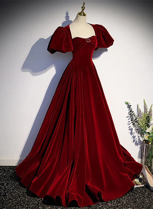Luolandi Wine Red Velvet Puffy Sleeves Long Party Dress Prom Dress Elegant Evening Dress december wedding guest dress