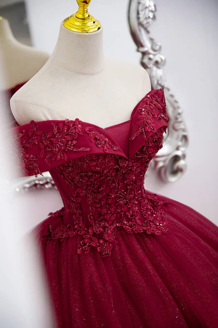 Luolandi Burgundy Sweetheart Flowers Sequins Lace Party Dress Long Formal Dress Prom Dress Off Shoulder with Appliques