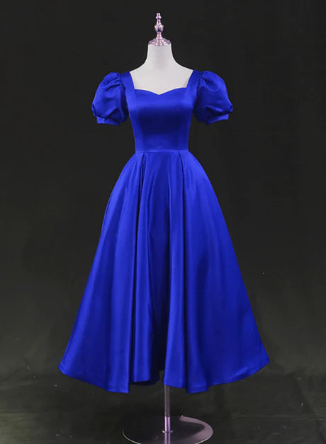 Luolandi Royal Blue Satin Tea Length Wedding Party Dress Prom Homecoming Dress Evening Dress