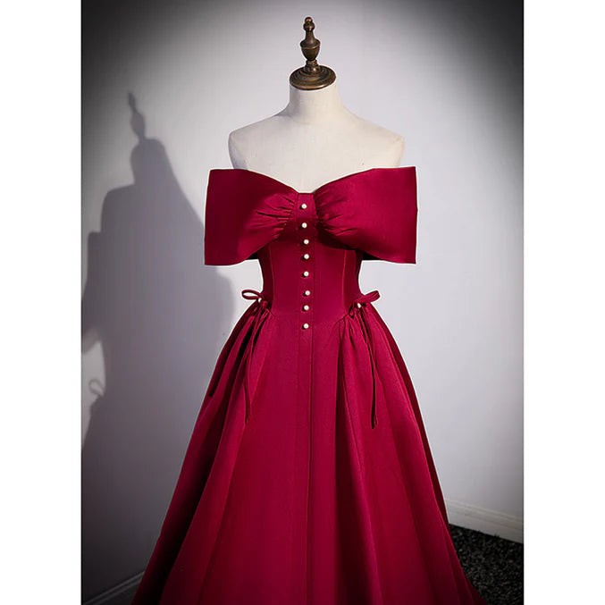 Luolandi Wine Red Satin Sweetheart Long Evening Dress Satin Prom Dress A Line Off Shoulder Formal Dress
