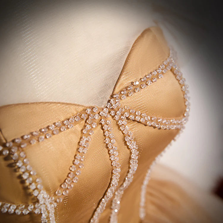 Luolandi Champagne Tulle Beaded Long Sweet 16 Formal Dresses Party Dresses A Line Prom Dress