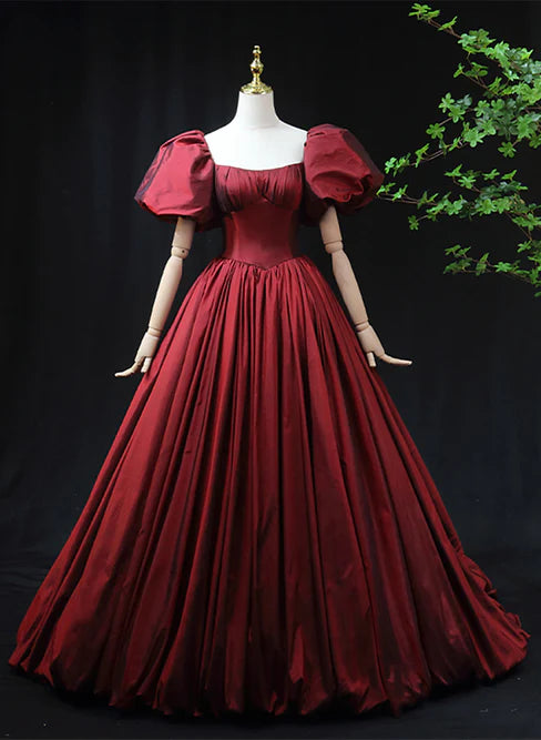 Luolandi Wine Red Taffeta Short Sleeves Long Prom Dress Evening Dress Formal Dress Elegant