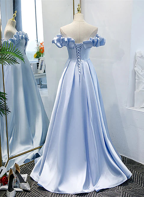 Luolandi Light Blue Satin A-line Off Shoulder Long Formal Dress Evening Dress Prom Dress Elegant