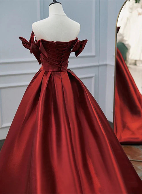 Luolandi Wine Red Satin A-line Beaded Off Shoulder Party Dress Prom Dress Formal Dress Elegant Evening Dress