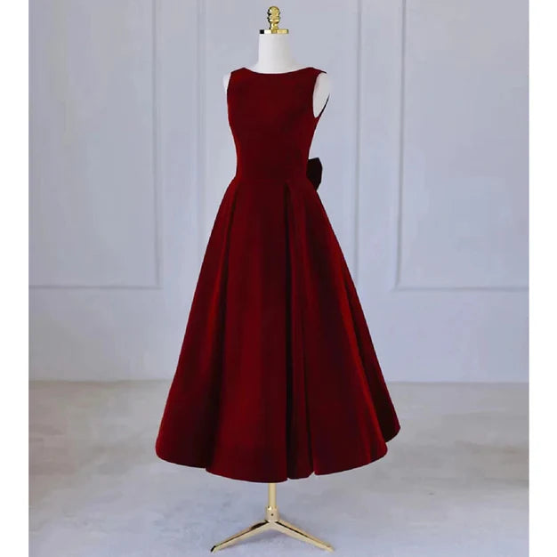 Luolandi Wine Red Tea Length Velvet Party Dress with Bow Burgundy Wedding Party Dress Evening Dress