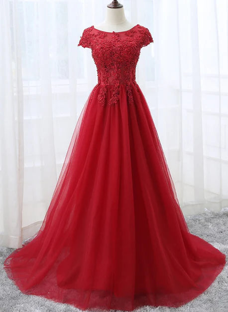Luolandi Elegant Red Tulle Long Prom Dress with Lace Applique Party Gowns Floor Length Evening Dress