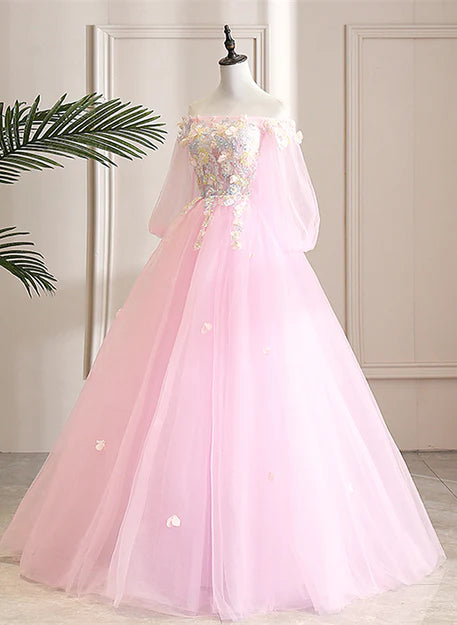 Luolandi Cute Pink Ball Gown Sweet 16 Dress with Flowers Pink Tulle Long Formal Dress Prom Dress