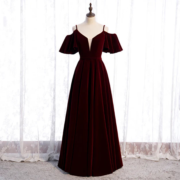 Luolandi Beautiful Wine Red Velvet Off Shoulder Floor Length Party Dress Junior Prom Dress Elegant Evening Dress