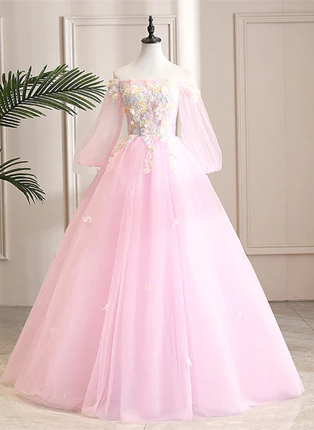 Luolandi Cute Pink Ball Gown Sweet 16 Dress with Flowers Pink Tulle Long Formal Dress Prom Dress