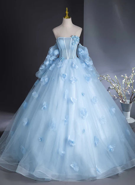 Luolandi Light Blue Flowers and Tulle Puffy Sleeves Prom Dress Sweet 16 Dress Off Shoulder Floor Length