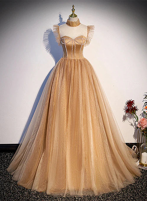 Luolandi Champagne Tulle Beaded Long Sweet 16 Formal Dresses Party Dresses A Line Prom Dress