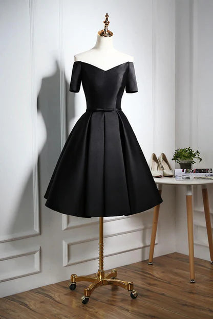 Luolandi Lovely Black Satin Short Prom Dress Black Party Dress Off Shoulder Short Sleeves Homecoming Dress