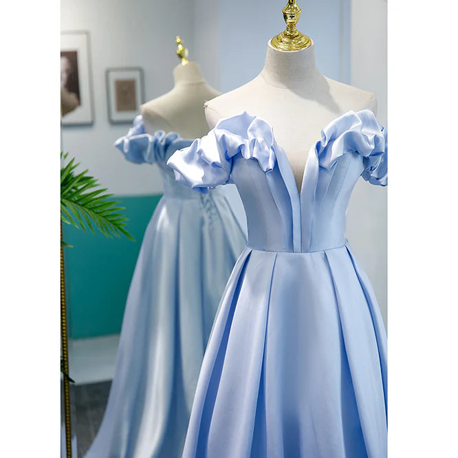 Luolandi Light Blue Satin A-line Off Shoulder Long Formal Dress Evening Dress Prom Dress Elegant