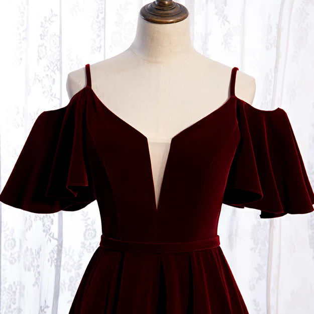 Luolandi Beautiful Wine Red Velvet Off Shoulder Floor Length Party Dress Junior Prom Dress Elegant Evening Dress