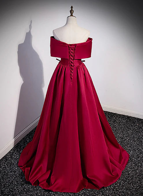 Luolandi Wine Red Satin Sweetheart Long Evening Dress Satin Prom Dress A Line Off Shoulder Formal Dress