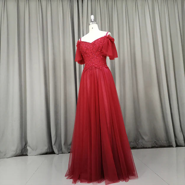 Luolandi Beautiful Wine Red Tulle Long Party Dress Handmade Prom Dress Elegant Evening Dress