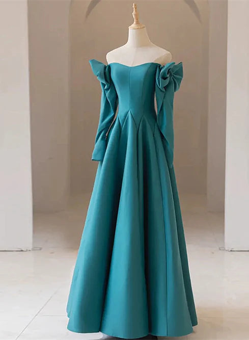 Luolandi Teal Blue Long Sleeves with Bow A-line Sweetheart Prom Dress Evening Dress Elegant