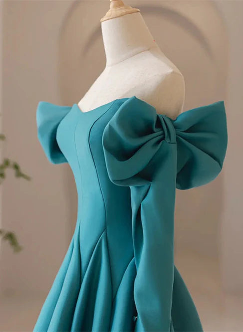 Luolandi Teal Blue Long Sleeves with Bow A-line Sweetheart Prom Dress Evening Dress Elegant