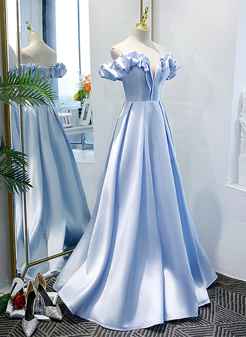 Luolandi Light Blue Satin A-line Off Shoulder Long Formal Dress Evening Dress Prom Dress Elegant