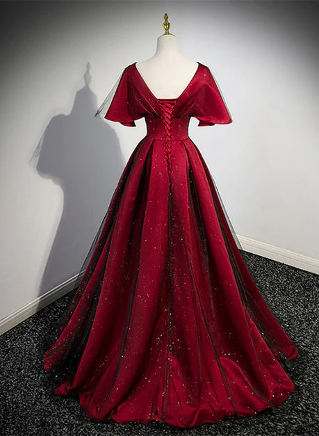 Luolandi Black and Red V-neckline Long Satin Prom Dress Chic Long A-line Party Dress Elegant Evening Dress